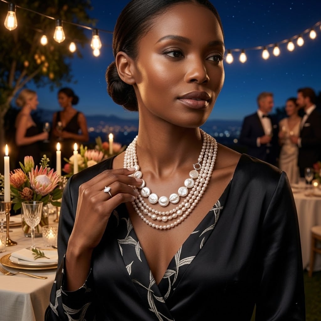Woman in black silk dress wearing a multi-strand pearl necklace at an outdoor evening event with string lights, candles and proteas in the background