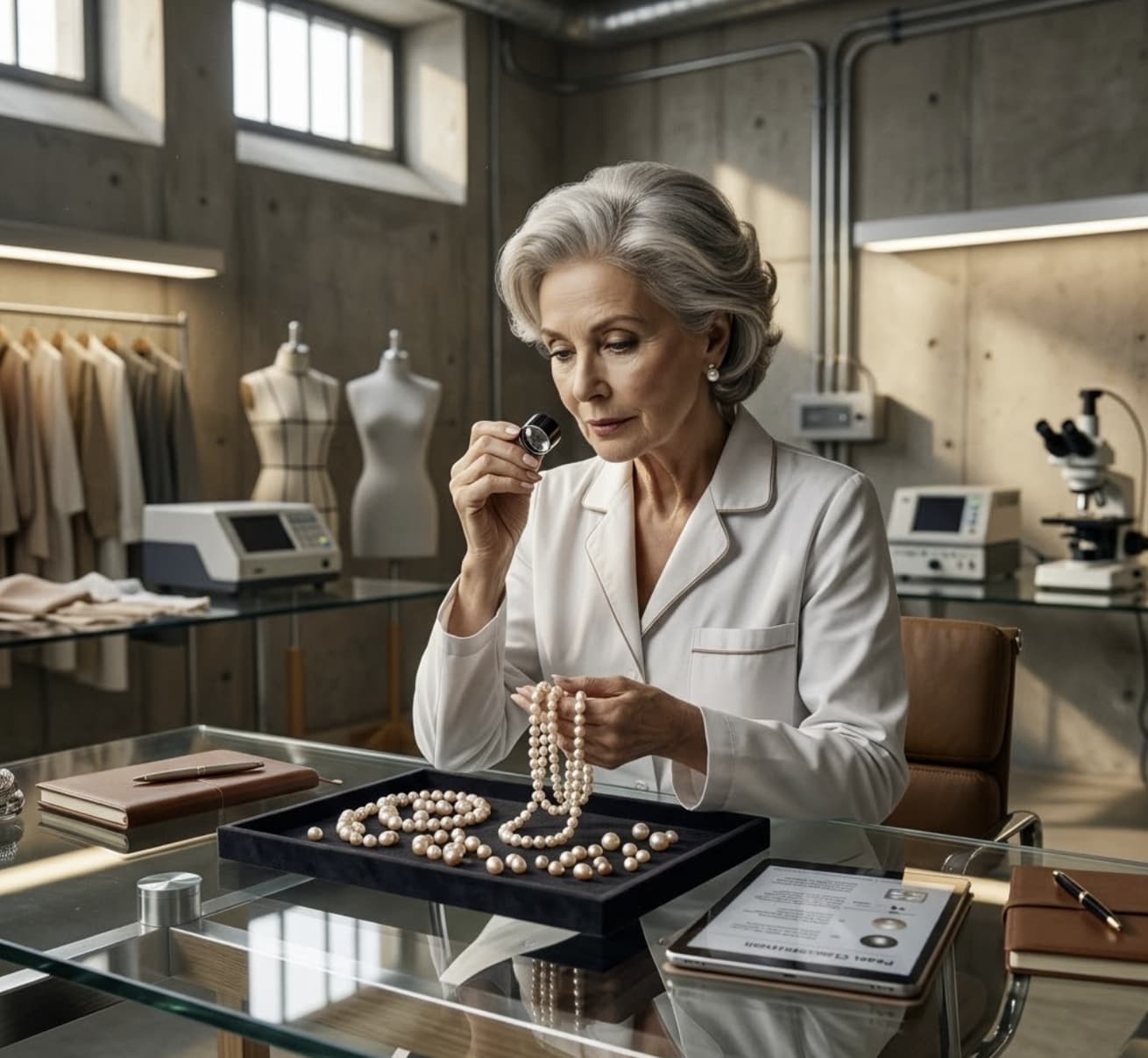 Senior gemologist in white coat examining a tray of pearls with a loupe at a glass table in the Lullu atelier