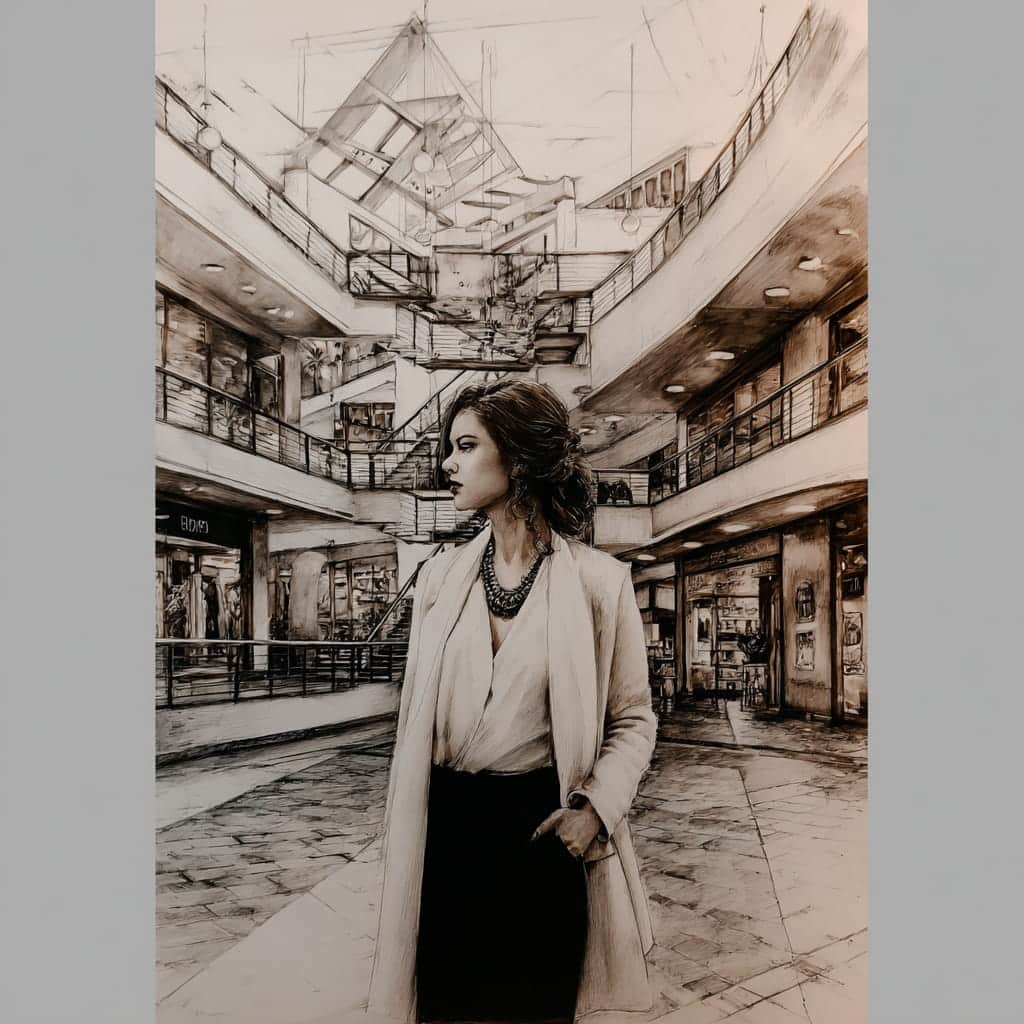 Editorial illustration of a woman in pearl necklace at Hyde Park atrium